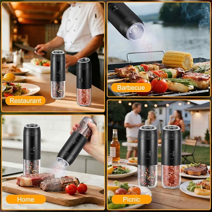 Gravity Electric Salt Grinder Set with Variable Grinding Speed, External Adjustable Coarseness, One Hand Operation, Upgraded Larger Capacity,White LED Light, Black 2 Pcs - Image 8