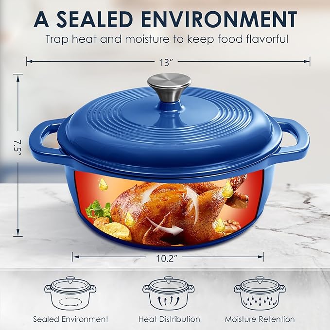 Cast Iron Dutch Oven Pot With Lid - AIVIKI 5QT Enameled Dutch Oven for Bread Baking With Cotton Potholders - Heavy- Duty Cookware Across All Cooktops, Wedding Registry Ideas & Gifts, Blue - Image 2