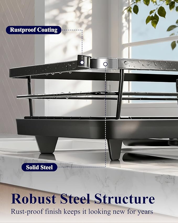 Kitsure Dish Drying Rack for Kitchen Counter, Stainless Steel Sink Organization and Storage Essentials with Cutlery Holder, Home and Appartment Decor, 12''W x 15.5''L, Black - Image 6