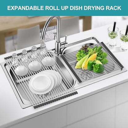 BBXTYLY Extra Large Expandable Roll Up Dish Drying Rack,Over The Sink Drying Rack Sink Cover Kitchen Sink Accessories Kitchen Rolling up Stainless Steel Drainer, Foldable,Rollable（Black，25.1''-17.3''） - Image 3