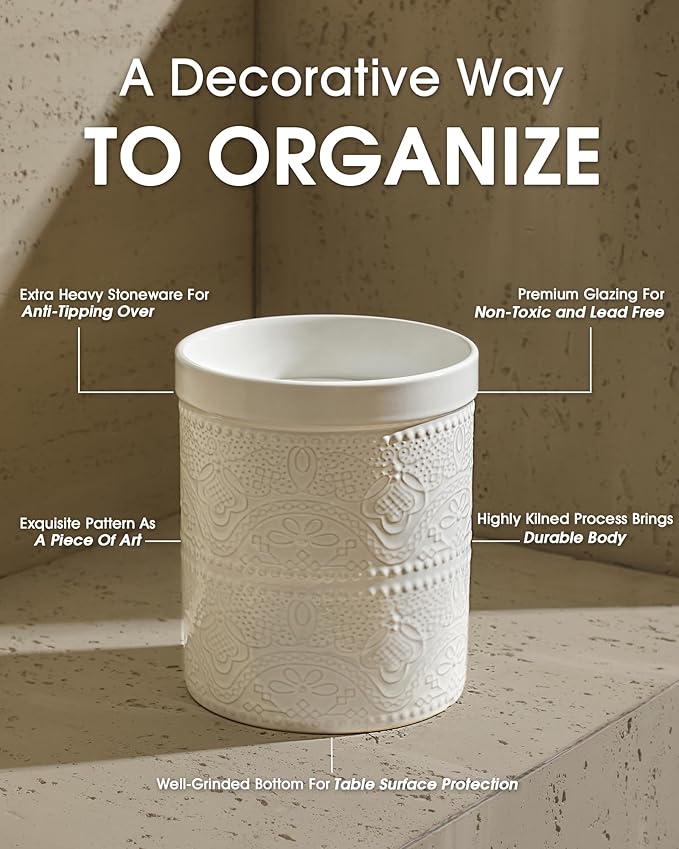 FUN ELEMENTS Kitchen Utensil Holder, 7.2+5.5" Super Large Utensil Crock Heavy and Stable Lace Emboss Ceramic Utensil Holder for Kitchen Counter(2Pcs Bright White) - Image 6