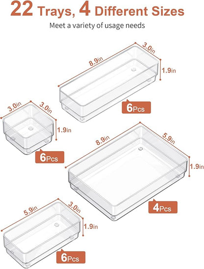 SMARTAKE 22-Piece Drawer Organizer with Non-Slip Silicone Pads, 4-Size Clear Desk Drawer Organizer Trays Storage Tray for Makeup, Jewelries, Utensils in Bedroom Dresser, Office and Kitchen, Clear - Image 2