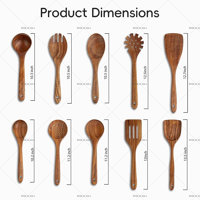 Wooden Spoons for Cooking,10 Pcs Natural Teak Wooden Kitchen Utensils Set Wooden Utensils for Cooking Wooden Cooking Utensils Wooden Spatulas for Cooking (10) - Image 2