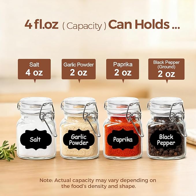 ComSaf Set of 6 Square Glass Spice Jars with Airtight Lids (4 Oz), Mini Favor Jars with Wire Clamp for Honey, Herbs & Farmhouse Kitchen Pantry Organization, with Funnel & Labels - Image 3