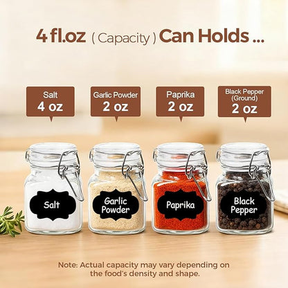 ComSaf Set of 12 Square Glass Spice Jars with Airtight Lids (4 Oz), Mini Favor Jars with Wire Clamp for Honey, Herbs & Farmhouse Kitchen Pantry Organization, with Funnel & Labels - Image 3