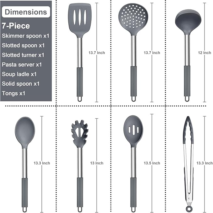 E-far Silicone Cooking Utensils Set, 7 Pcs Heat Resistant Kitchen Utensils with Stainless Steel Handle, Slotted Turner, Spoon, Soup Ladle, Pasta Server, Skimmer, Tongs for Nonstick Cookware, Gray - Image 2