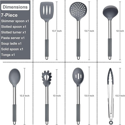 E-far Silicone Cooking Utensils Set, 7 Pcs Heat Resistant Kitchen Utensils with Stainless Steel Handle, Slotted Turner, Spoon, Soup Ladle, Pasta Server, Skimmer, Tongs for Nonstick Cookware, Gray - Image 2
