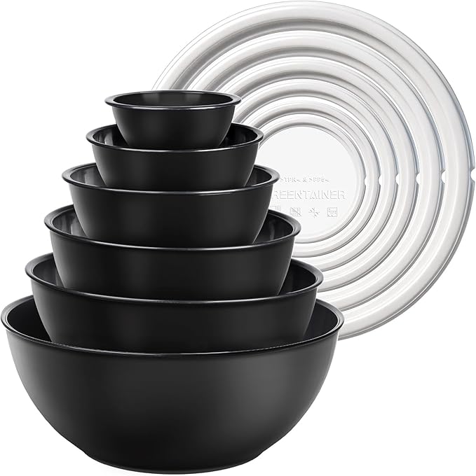 Greentainer Plastic Mixing Bowls with Lids Set for Kitchen, 6 Set Nesting Bowls for Mixing, Baking, Prepping, Cooking and Serving Food, Mixing Bowls Dishwasher, Microwave Safe