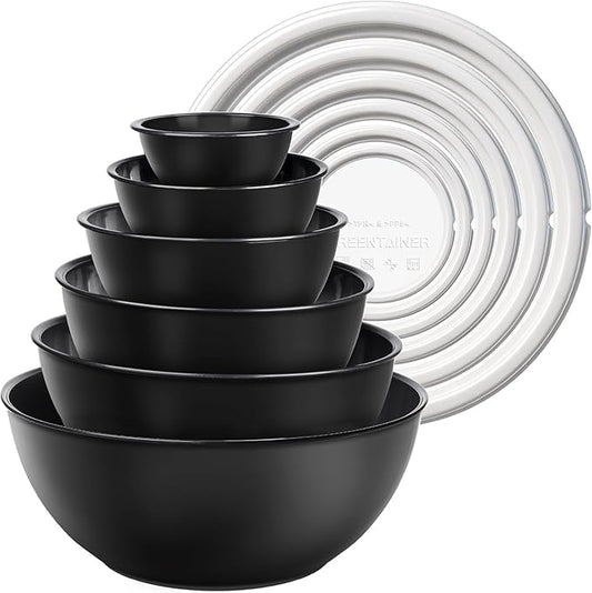Greentainer Plastic Mixing Bowls with Lids Set for Kitchen, 6 Set Nesting Bowls for Mixing, Baking, Prepping, Cooking and Serving Food, Mixing Bowls Dishwasher, Microwave Safe