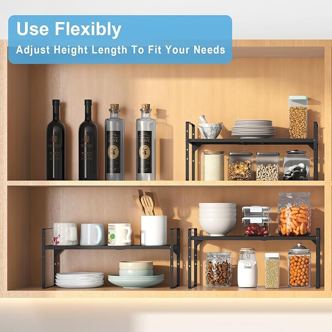 Set of 2 Expandable Cabinet Shelf Organizer, Stackable Kitchen Countertop Shelves Spice Racks, Small Metal Storage Shelf For Cupboard Counter Tabletop, 30 LBS Heavy Duty, Adjustable, 13.8" to 21.6" - Image 5