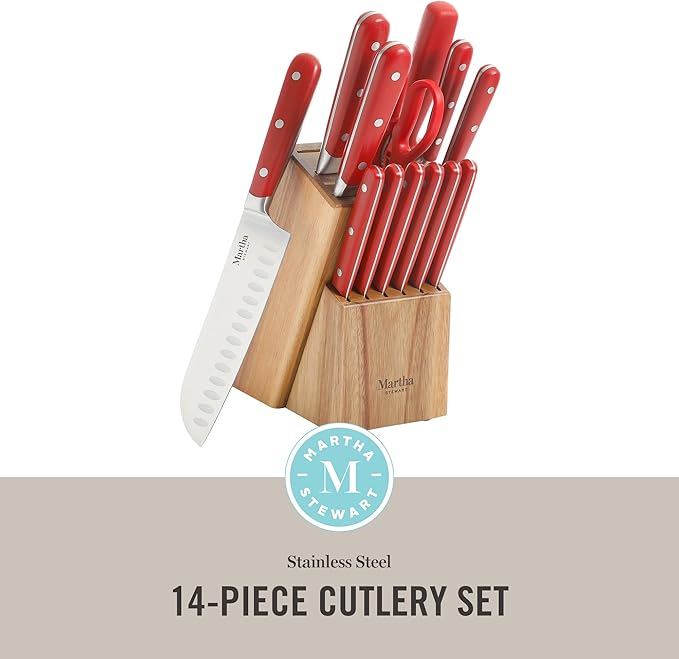 MARTHA STEWART Eastwalk 14 Piece High Carbon Staineless Steel Cutlery Knife Block Set w/ABS Triple Riveted Forged Handle Acacia Wood Block - Red - Image 2