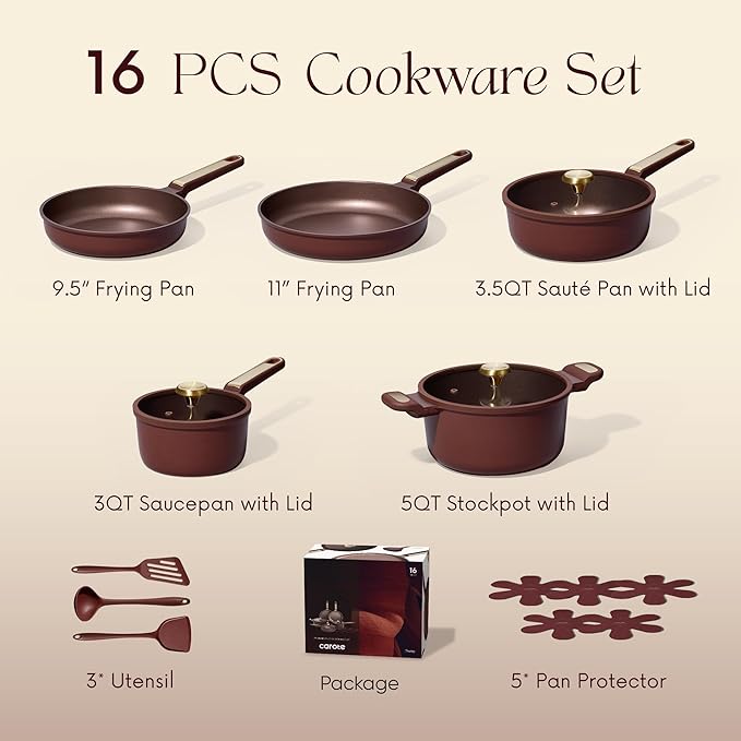 CAROTE Pots and Pans Set Nonstick, 16pcs Cookware Set Nonstick Non-Toxic & PFOA&PFOS-Free, Dishwasher, RV/Camping Cookware Set, Cooking Pots with Lids,Wine Red - Image 2