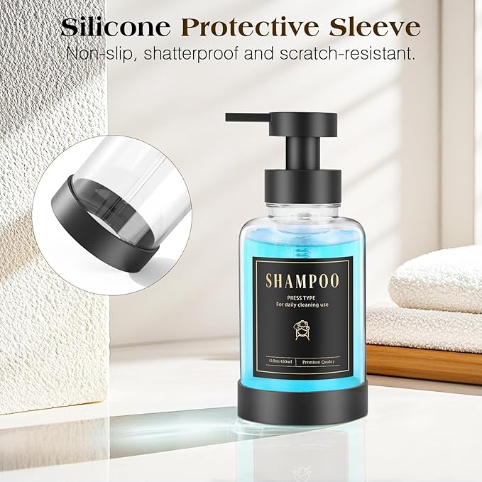 Luxspire Foaming Soap Dispenser, Glass Foam Pump Soap Dispenser, Non-Slip Hand Soap Bottle with 5 Waterproof Labels, 15 Oz Refillable Liquid Soap Bottle for Bathroom & Kitchen, Clear, 2 Pack