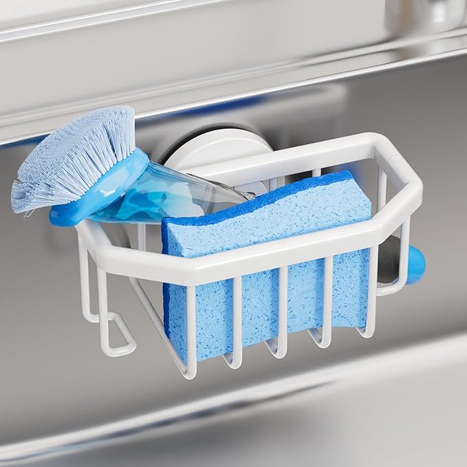 TAILI Sink Caddy with Strong Suction Cup, Sponge Holder for Kitchen Sink Organizer, Removable Sponge Caddy Inside Sink, Rustproof Aluminum Holder for Sponges, Brushes - White by TAILI