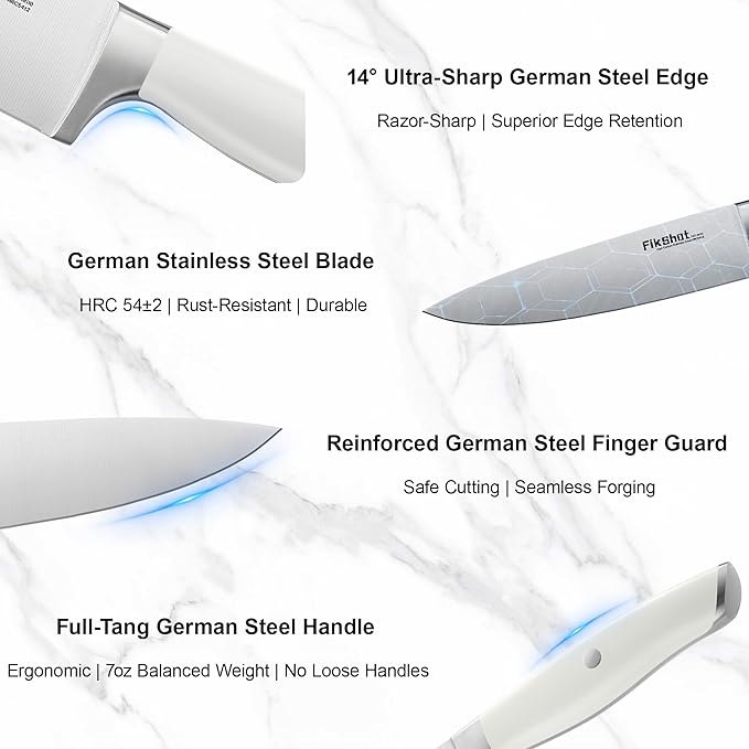Fikshot 14-Piece Knife Set – German High Carbon Stainless Steel, Professional Chef Knives with Block & Sharpener, Elegant White, Dishwasher-Safe, Modern Kitchens, Rental Homes, Gift for Chefs