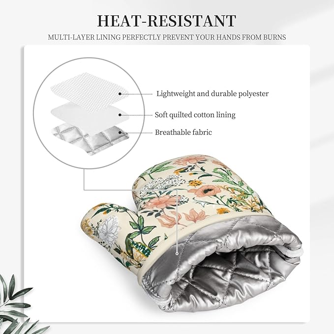 Floral Silicone Oven Mitts Pan Mats Set of 2, Heat Resistant Gloves Potholder with Non-Slip Grips Hanging Loops Pot Holder, Spring Summer for Chef Cooking, Baking, Grilling, BBQ