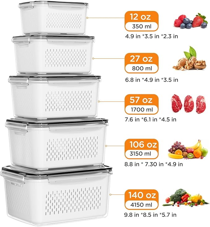 5-Pack Fruit Storage Containers for Fridge with Removable Colanders, 4 in 1 Produce Storage Containers with Lids, Leakproof Fridge Organizer Bins for Salad Berry Lettuce Vegetables Meat Keeper Fresh - Image 5