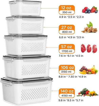 5-Pack Fruit Storage Containers for Fridge with Removable Colanders, 4 in 1 Produce Storage Containers with Lids, Leakproof Fridge Organizer Bins for Salad Berry Lettuce Vegetables Meat Keeper Fresh - Image 5