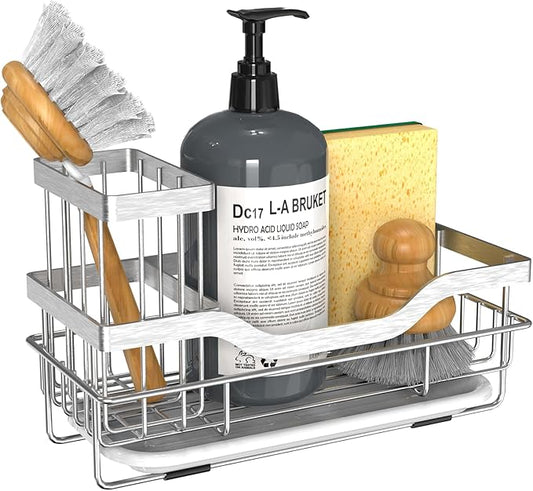 Vanwood Kitchen Sink Caddy Organizer Sponge Holder for Kitchen Sink, Rustproof Dish Soap Sponge Caddy for Counter with Detachable Brush Holder & Drain Tray - Storage Home & Cocina Accesorios, SILVER by VanwoodKtichenExperys