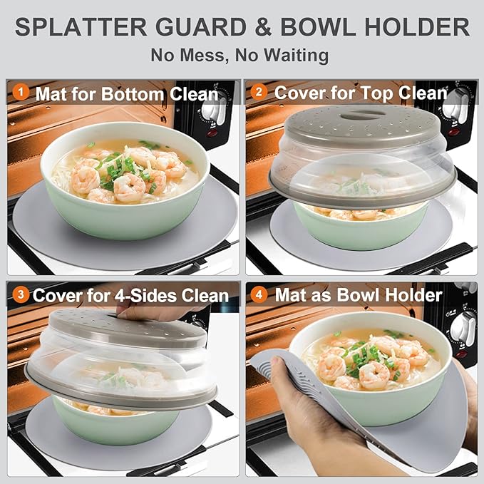 2 in 1, Aidacom Microwave Splatter Cover for Food & Silicone Microwave Mat, Mat as Bowl Holder, Trivet, Pot Holders, Drying, Baking, Utensils Rest for Kitchen Counter, Dishwasher Safe, Grey - Image 2