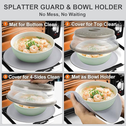 2 in 1, Aidacom Microwave Splatter Cover for Food & Silicone Microwave Mat, Mat as Bowl Holder, Trivet, Pot Holders, Drying, Baking, Utensils Rest for Kitchen Counter, Dishwasher Safe, Grey - Image 2