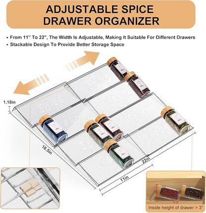 24 Spice Jars with Spice Drawer Organizer, 355 Spice Labels, 2 Pack Expandable From 11'' to 21'' Acrylic Spice Rack for Drawer, Seasoning Containers Storage Organization for Kitchen Cabinet Countertop - Image 2