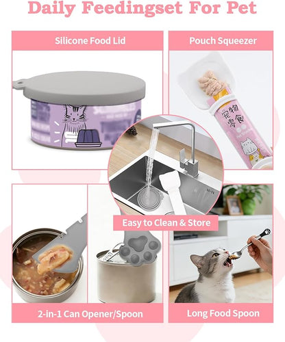 6 PCS Cat Food Can Covers Lids Set, Multi-Function Cat Food Spoon & Silicone Storage Lids with Opener, Cat Bar Squeezer, Stainless Steel Wet Food Spoon for Feeding, Storage and Cats & Dogs (Grey)
