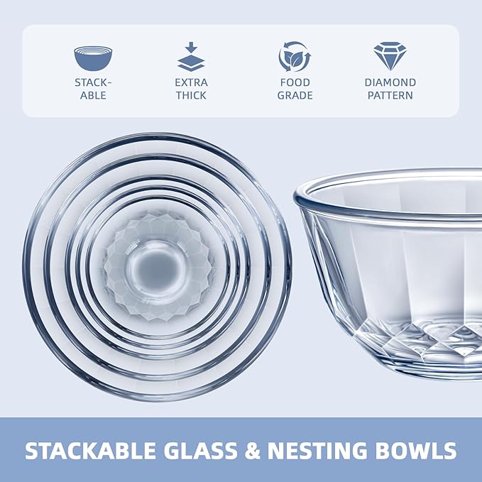 WhiteRhino Glass Mixing Bowls with Lids Set of 5（4.70QT,2.85QT, 1.69QT,1.11QT,0.85QT,Glass Bowls with Lids,Large Salad Bowls Space-Saving Nesting for Cooking,Baking,Prepping,Dishwasher Safe - Image 4