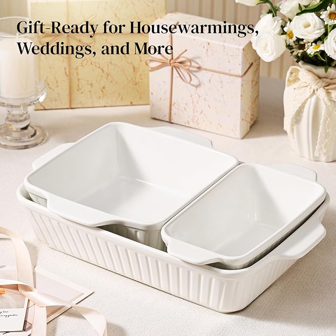 DOWAN Ceramic Casserole Dishes Set of 3, 13''/8''/4'', White - Image 6