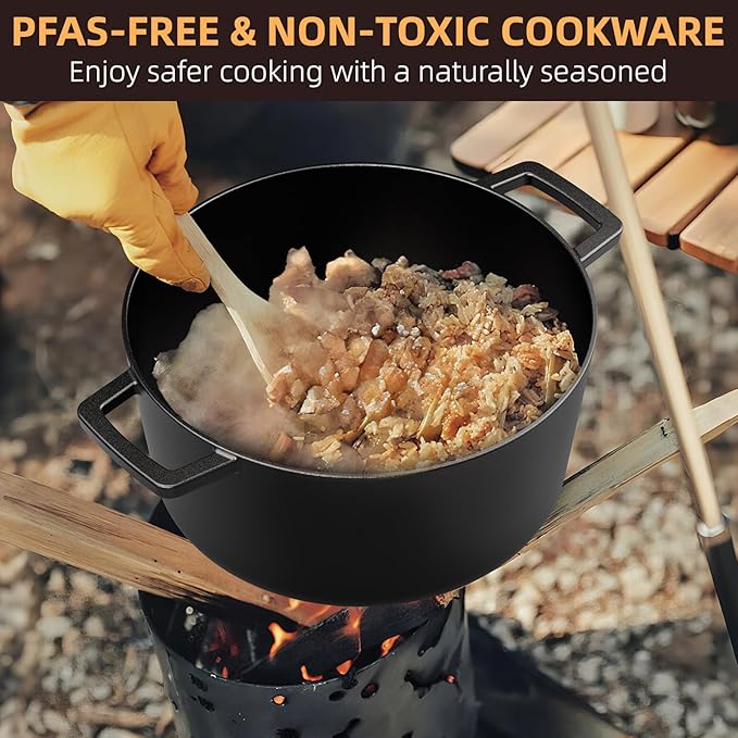 Cast Iron Dutch Oven Pot with Skillet Lid – Pre-Seasoned – Skillet Lid Cooking Pan– PFAS-Free –Umite Chef Cast Iron Skillet Cookware for Bread, Frying, Baking – Dual Handles – Oven, Grill, Campfire & Stovetop Safe – Durable & Non-Toxic, 5QT - Image 8
