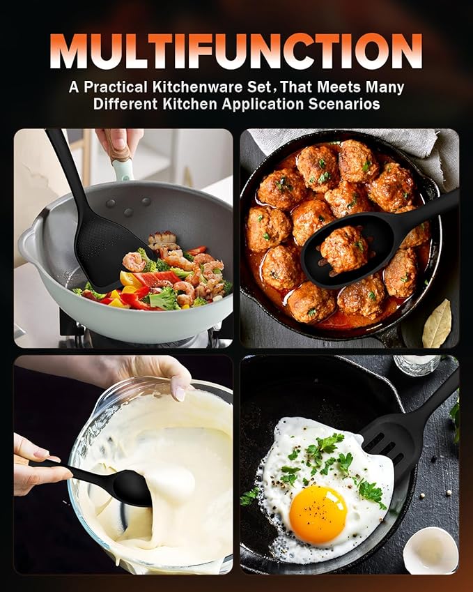Silicone Cooking Utensils Set, Perfectly Angled for Frying, Mixing,Serving,Draining,Turning and Stirring, BPA-Free Matte Silicone, Wood Handles, Safe for Nonstick Cooking Surfaces,4 Pack (Black) - Image 3