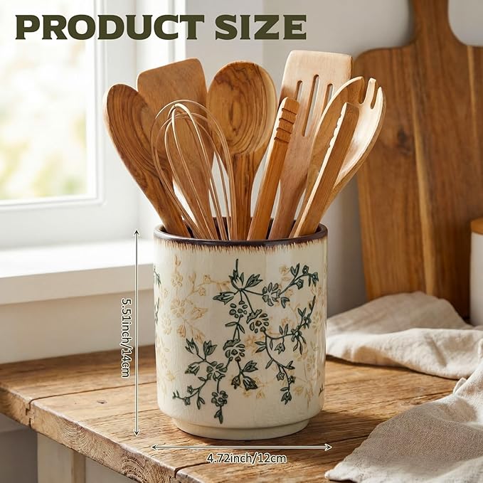 Kitchen Ceramic Utensil Holder Rustic 5.5" Green Floral Utensil Crock for Countertop Tuscany Cooking Tools Storage Caddy for Spatula Spoon Farmhouse Decor Housewarming Gift - Image 2