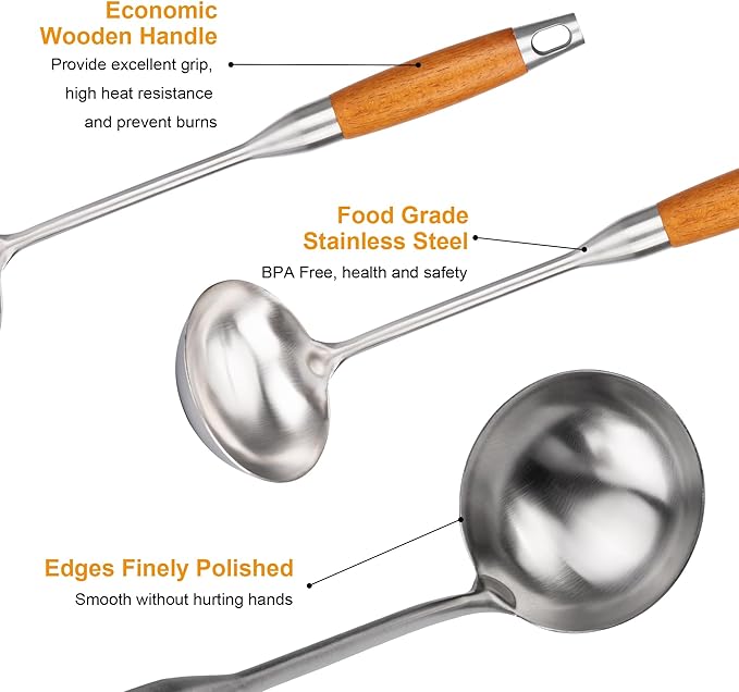 FJNATINH Soup Ladle, Stainless Steel Ladle with Heat Resistant Wooden Handle, Food Grade Metal Cooking Soup Spoon Kitchen Tools, Easy to Clean - Image 4
