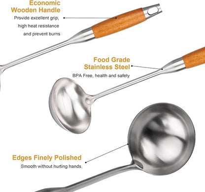 FJNATINH Soup Ladle, Stainless Steel Ladle with Heat Resistant Wooden Handle, Food Grade Metal Cooking Soup Spoon Kitchen Tools, Easy to Clean - Image 4