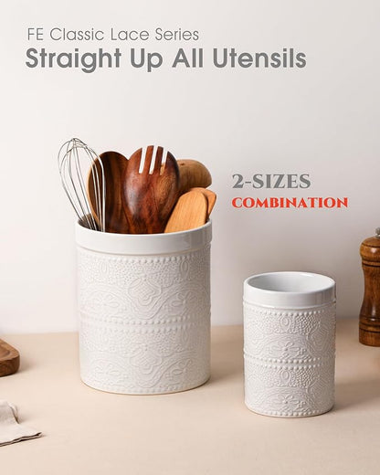 FUN ELEMENTS Kitchen Utensil Holder, 7.2+5.5" Super Large Utensil Crock Heavy and Stable Lace Emboss Ceramic Utensil Holder for Kitchen Counter(2Pcs Bright White) - Image 5