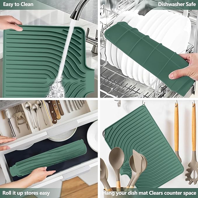 Dish Drying Mat for Kitchen Counter, with Built-in Drain Lip, Food-Grade Silicone, Easy Clean Pad for Countertop Protection, Multi-Functional Use (18x11.8, Dark Green) - Image 5