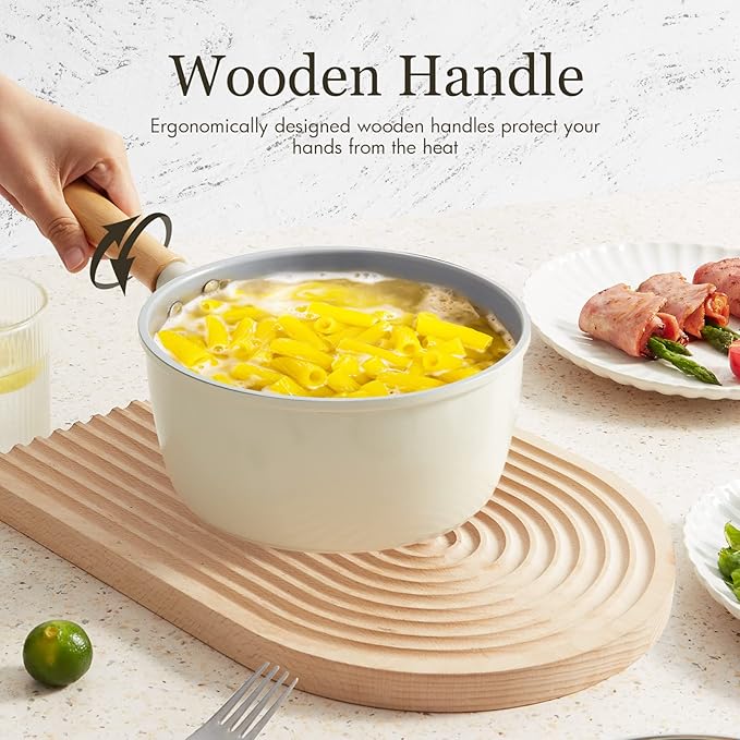 ROCKURWOK Ceramic Nonstick Sauce Pan, 3 QT Pot with Steamer, Non Toxic & PFAS-Free, Wooden Handle for Cool Touch, Universal Base(Gas, Electric & Induction), White - Image 4