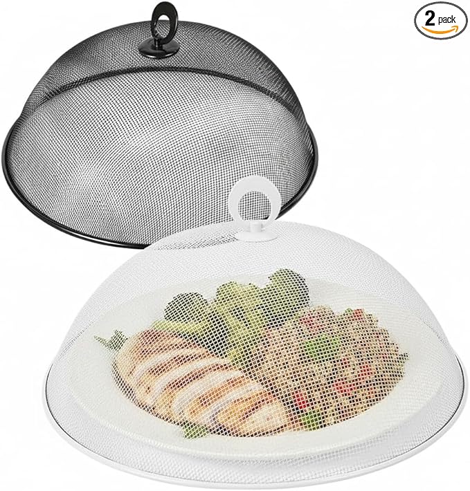 MAGICLULU 2-Pack Metal Mesh Food Covers, 11.8-Inch Net Dome Plate Fly Tents, Outdoor Plant Seedling Protectors for Picnic, BBQ, Garden and Kitchen (Black, White)