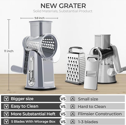 SUSTEAS Rotary Cheese Grater with Handle - Vegetable Shredder with 5 Well-designed Blades & Strong Suction Base,Round Mandoline Slicer & Food Chopper for Kitchen,with Blade Storage Box(Gray) - Image 2