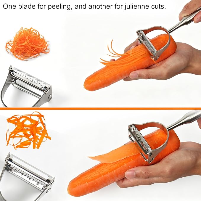 Stainless Steel 2 in 1 Julienne Peeler – Dual Blade Vegetable Cutter for Peeling & Julienne, Multifunction Tool for Potato Carrot Zucchini Cucumber, Kitchen Gift