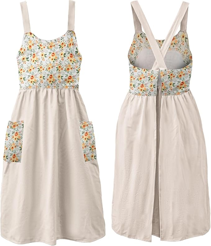 Uaussi Cotton Linen Apron Cross Back Work Apron for Women with Pockets Pinafore Dress X Cross Halter Apron for Chef Gardening by Uaussi