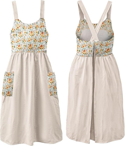 Uaussi Cotton Linen Apron Cross Back Work Apron for Women with Pockets Pinafore Dress X Cross Halter Apron for Chef Gardening by Uaussi