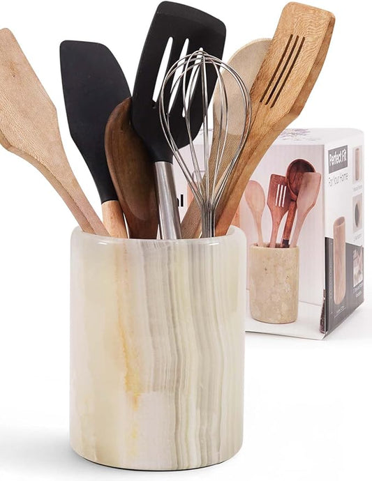 Marble Utensil Holder 6.5 Inch Cream Onyx Wooden Cooking Utensils Set & Spatula Organizer for Kitchen Counter, Stone Utensil Crock & Caddy for Spoon Holder & Farmhouse Decor