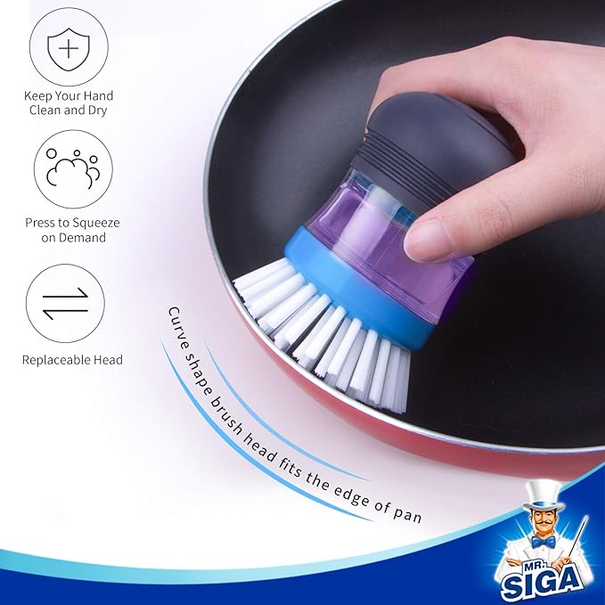 MR.SIGA Soap Dispensing Palm Brush, Kitchen Brush for Dish Pot Pan Sink Cleaning, Pack of 2, Navy/Blue - Image 7