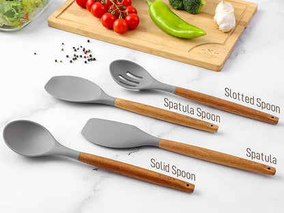 Zulay Kitchen Utensils Set Non-Stick Silicone Cooking Utensils Set with Authentic Acacia Wood Handles - 8 Piece Set - Silicone Kitchen Utensils Set with 464°F Heat Resistance - Gray - Image 9