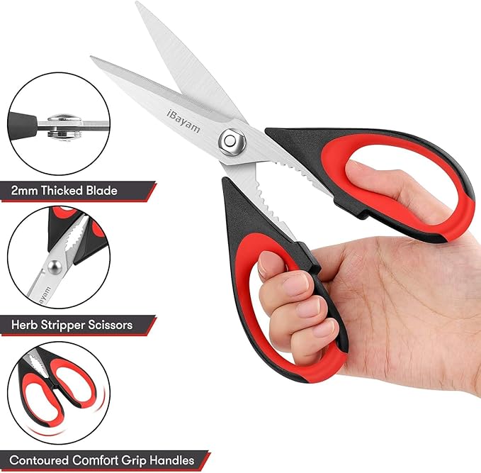 iBayam 3-Pack 8.5"Kitchen Scissors All Purpose Heavy Duty with Protective Sheath, Soft Grip Comfort Handle, Dishwasher Safe Kitchen Utensils Gadgets Set, Stainless Cooking Meat Poultry Food Shears - Image 6