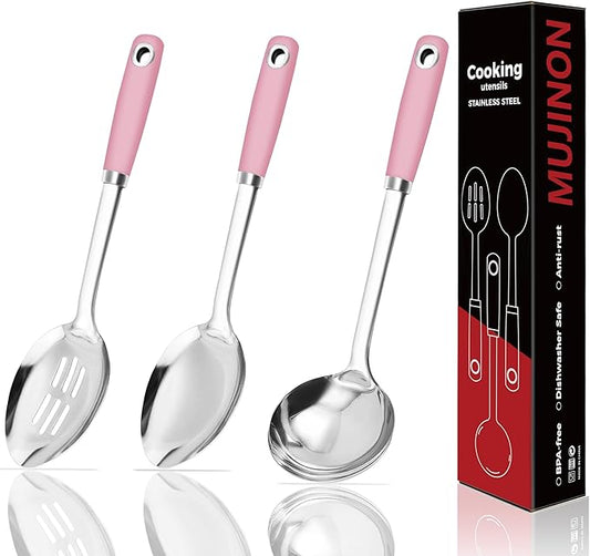 14-in Pink Cooking Spoons Set, Heavy Duty 18/0 Stainless Steel Large Serving Spoons Set, Slotted Spoon, Cooking Spoon & Soup Ladle, Commercial and Residential Use, Pack of 3 by MUJINON