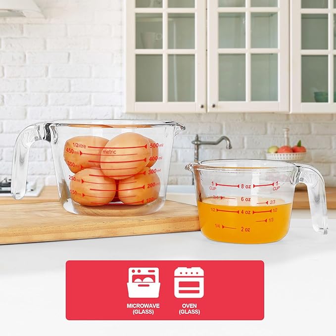 KOMUEE 4 Piece Glass Measuring Cups Set, 5 Oz, 1-Cup, 2-Cup, 4-Cup Liquid Measuring Cups with Lids for Kitchen, Freezer and Microwave Safe - Image 2