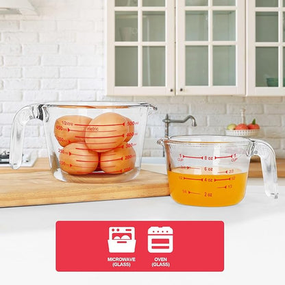 KOMUEE 4 Piece Glass Measuring Cups Set, 5 Oz, 1-Cup, 2-Cup, 4-Cup Liquid Measuring Cups with Lids for Kitchen, Freezer and Microwave Safe - Image 2