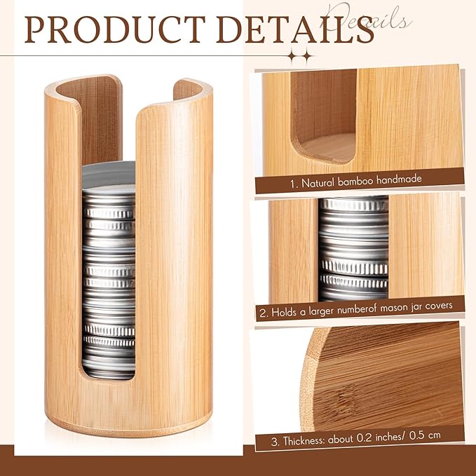 Suclain 2 Pcs Mason Jar Lid Organizer Bamboo Vertical Mason Jar Lid Storage Accessories Tumbler Lids Holder Cup Lids Organizer for Home Kitchen Countertop Cupboard(Only for Regular Mouth) - Image 4